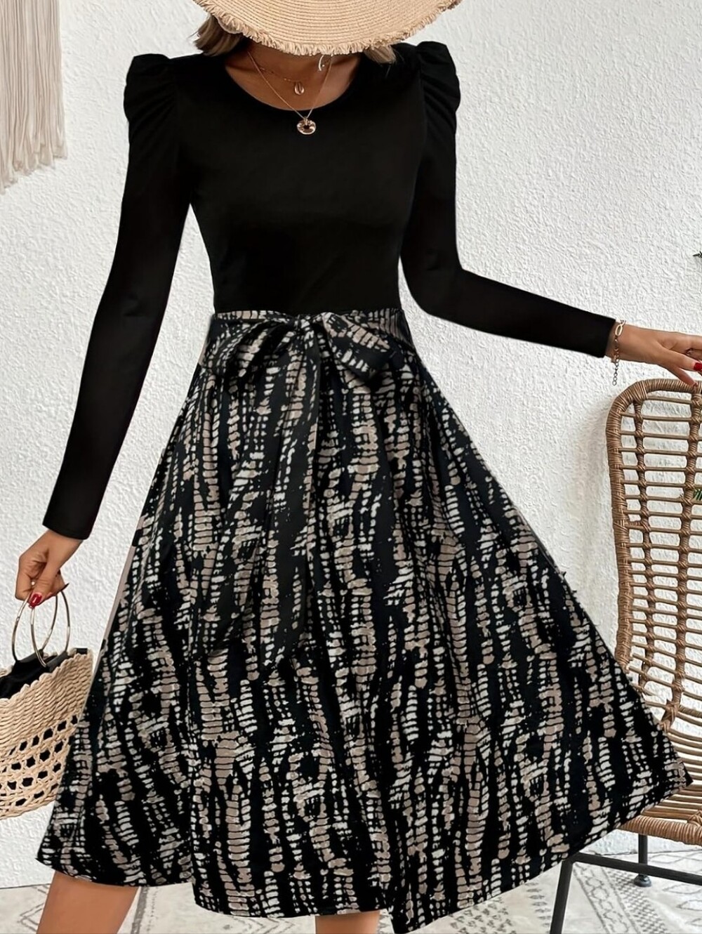Round Neck Puff Sleeve Color Block Midi Dress Tie Dye Skirt with Self-Tie Waist